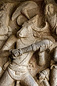 Mamallapuram - Tamil Nadu. the Mahishamardhini cave. The panel of Durga engaging Mahishasura. 